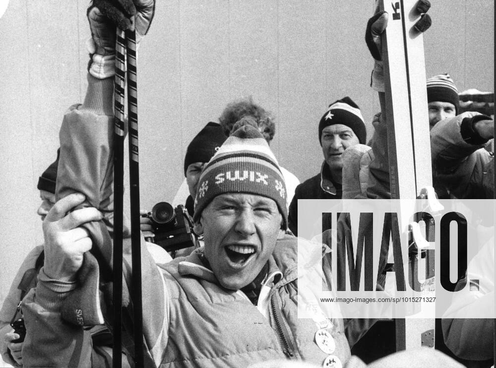 SARAJEVO 19840216 Gunde Svan celebrates after the Olympics the victory in the ski relay SARAJEVO YUGOSLAVIA Olympics