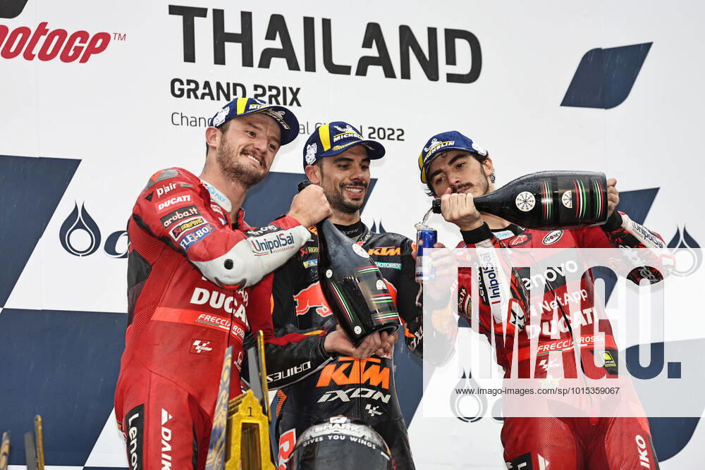 Winners Jack Miller, AUS Ducati Lenovo Team , Miguel Oliveira, POR Red Bull KTM Factory Racing KTM , and Francesco Bagnaia, ITA Ducati Lenovo Team after final at 2022 OR Thailand Grand Prix in Buri Ram 02 10 2022