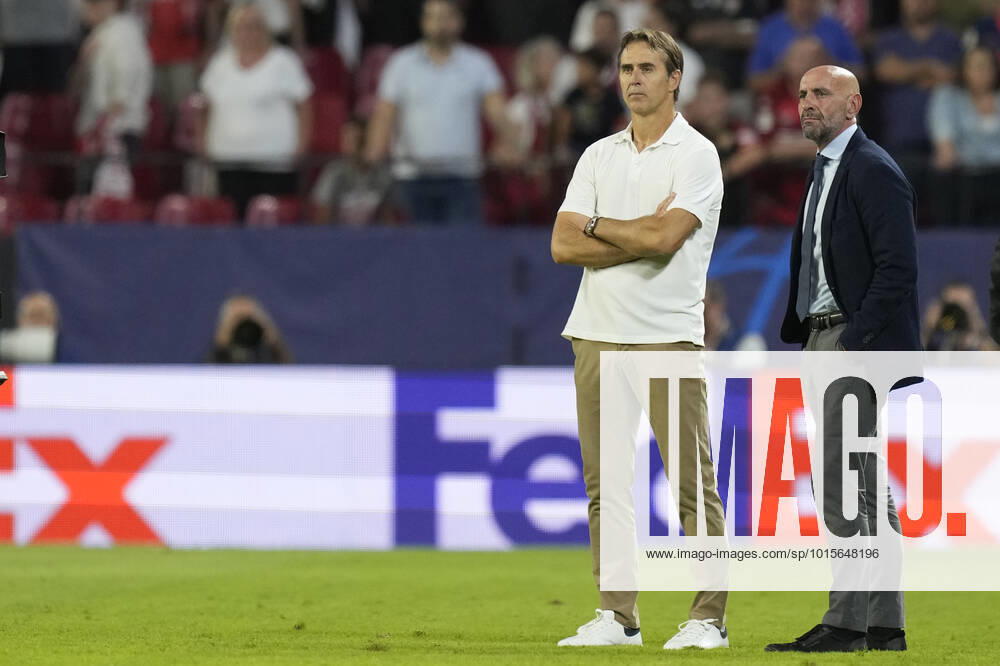 Sevilla FC v Borussia Dortmund: Group G - UEFA Champions League Julen Lopetegui head coach of Sevilla with Monchi after the UEFA Champions League group G match between Sevilla FC and Borussia Dortmund at Estadio Ramon Sanchez Pizjuan on October 5, 2022 in Seville, Spain. Seville Spain