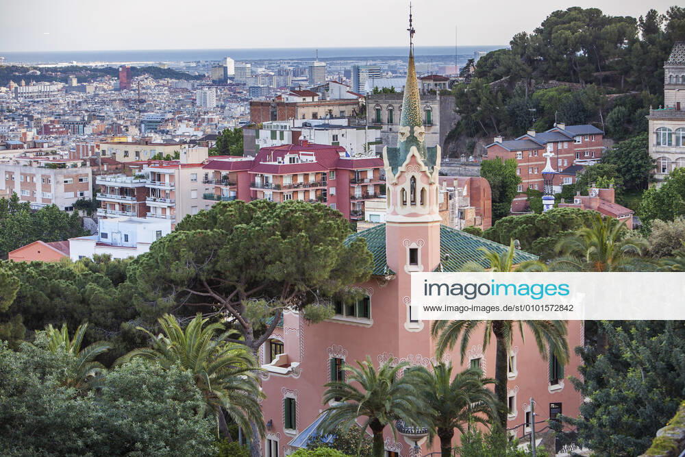 Gaudi House Museum - Casa Museu Gaudi and skyline of Barcelona,in Park Guell, Barcelona, Catalonia, Spain. Barcelona Barcelona Spain