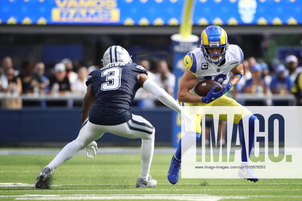 INGLEWOOD, CA - OCTOBER 9: Los Angeles Rams wide receiver Cooper Kupp (10) guarded by Dallas Cowboys cornerback Anthony Brown (3) during the NFL, American Football Herren, USA game between the Dallas Cowboys and the Los Angeles Rams on October 9, 2022 at SoFi Stadium in Inglewood, CA. (Photo by Jevone Moore Icon Sportswire) NFL: OCT 09 Cowboys at Rams Icon20221009026