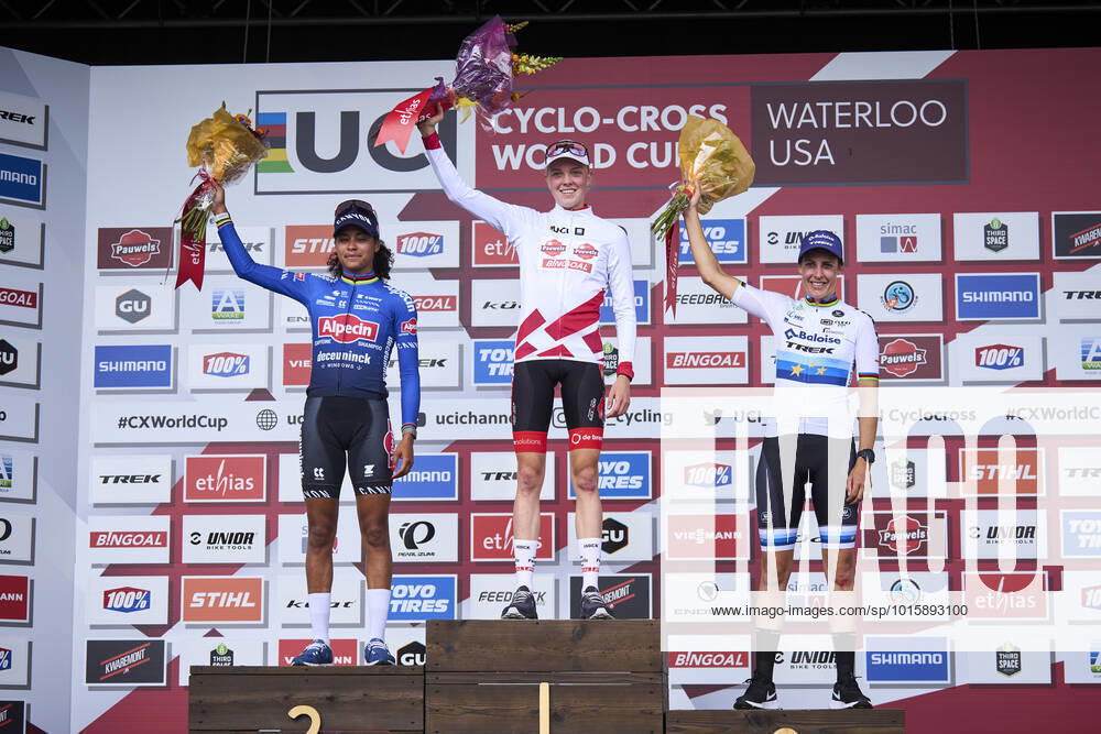 Dutch Ceylin Del Carmen Alvarado, Dutch Fem Van Empel and Dutch Lucinda Brand celebrate on the podium after the first stage (1 14) of the UCI World Cup Cyclocross competition in Waterloo, Wisconsin, USA, Sunday 09 October 2022. BILLxSCHIEKEN x46729030x