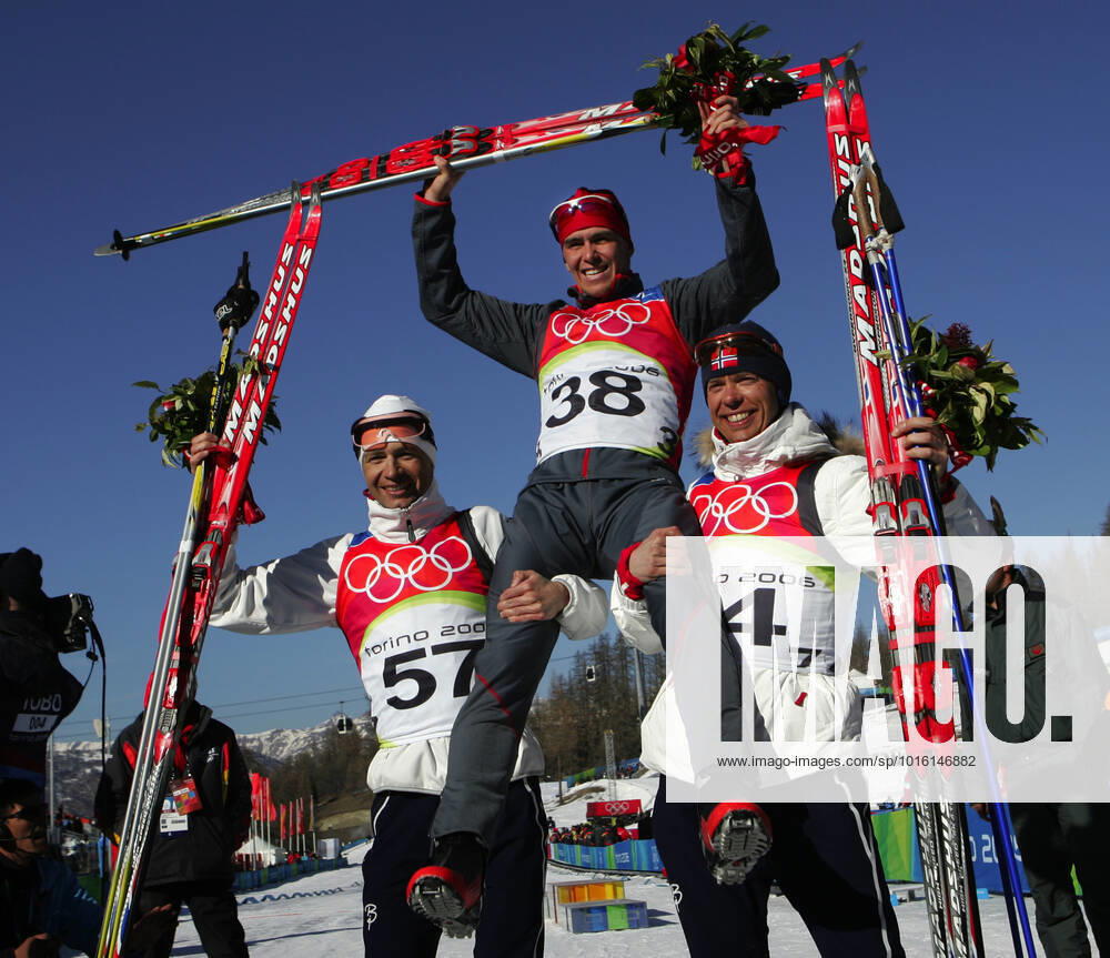 SAN SICARIO 2006 02 11 Fr v Norways Halvard Hanevold took bronze, Germanys Michael Greis took Gold and Norways Ole Einar Björndalen took silver during the mens individual biathlon 20 km in San Sicario on Saturday February 11, during the Winter Olympics in Turin SAN SICARIO ITALY Olympics