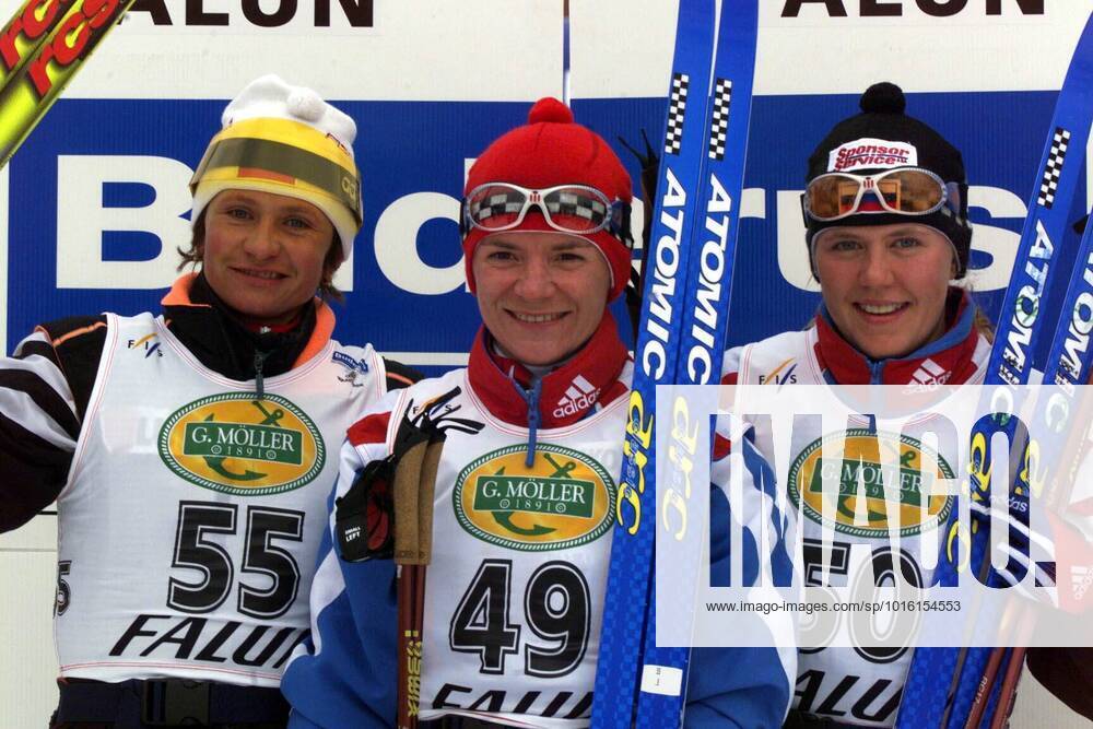 FALUN 13 MAR 1999 Swedish Skiing Games, womens 15 km winner Larissa Lasutina, 2nd Svetlana Nageykina, 3rd Natalia Baranova, all Russia Photo Jan Collsiöö Code 1001 COPYRIGHT SCANPIX SWEDEN FALUN SWE SWEDEN Skis