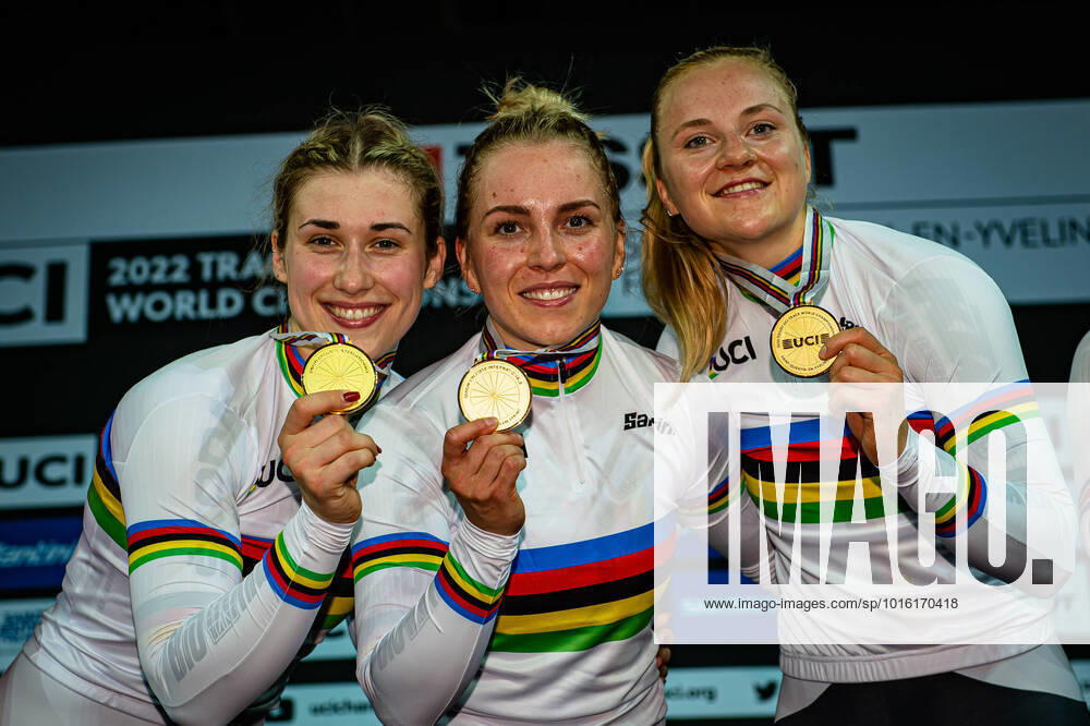 Pauline Sophie GRABOSCH, Emma HINZE, Lea Sophie FRIEDRICH UCI Track World Championships 2022 Pauline Sophie GRABOSCH, Emma HINZE, Lea Sophie FRIEDRICH get gold gold medal, world champion, world title in women team sprintbefore China People s Republic and Great Britain award ceremony, Podium UCI Track World Championships 2022 Track Cycling World Championships at the Velodrome National in Saint Quentin en Yvelines Montigny le Bretonneux France The 122 UCI Track World Championships 2022 will be held from 12 to 16 October 2022