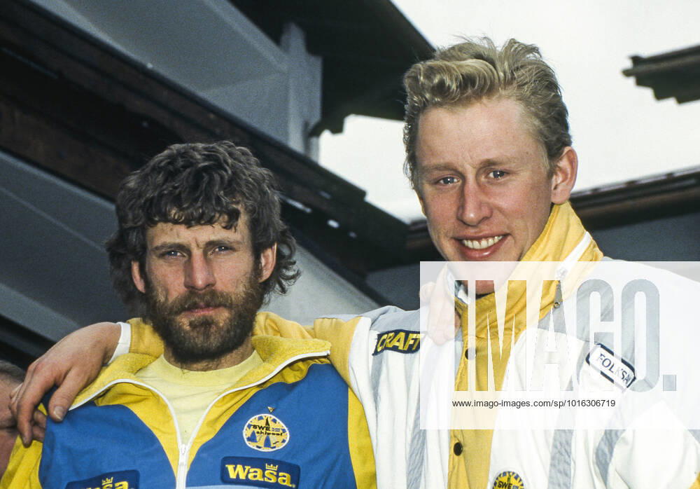 OBERSTDORF 1987 02 11 The Swedish cross-country skiers Thomas Wassberg and Gunde Svan in connection with a press meeting at the WC in cross-country skiing in Oberstdorf, West Germany, 11 February 1987. Wassberg took medals in all distances, gold in the 30 km classic and in the mens relay and silver in the 15 km classic and 50 km freestyle Oberstdorf Germany