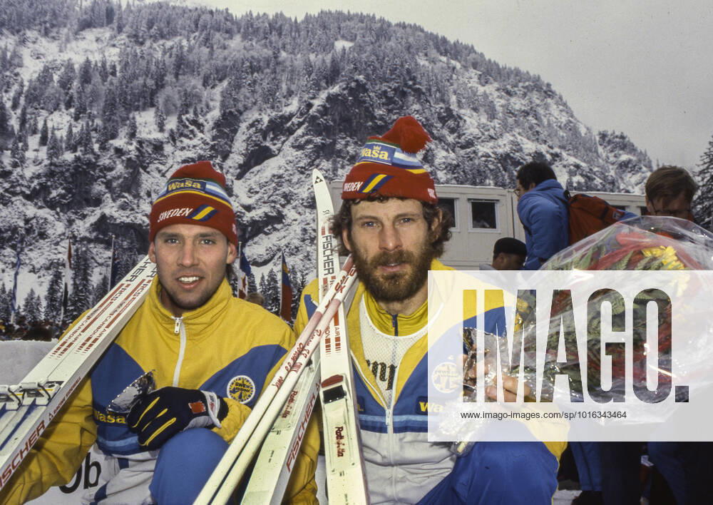 OBERSTDORF 1987 02 21 The Swedish medalists in the 50 km cross-country freestyle fr v bronze medalist Torgny Mogren and silver medalist Thomas Wassberg shortly after the flower ceremony at the WC in cross-country skiing in Oberstdorf, West Germany, 21 February 1987 Wassberg took medals in all distances, gold in the 30 km classic and in the mens relay as well as silver in 15 km classic and 50 km freestyle Oberstdorf Germany