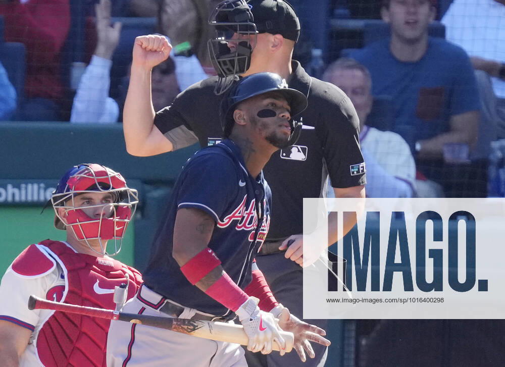 Atlanta Braves Ronald Acuna Jr. strikes out swinging in the first inning against the Philadelphia Phillies in game three of a National League Division Series at Citizens Bank Park in Philadelphia on Saturday, October 15, 2022. PHI20221015701 RAYxSTUBBLEBINE