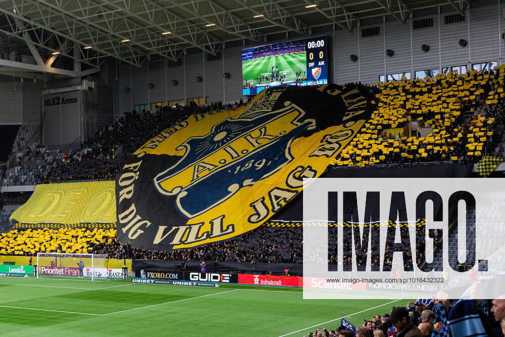AIKs supporters with tifo before the football match in the Allsvenskan between Djurgarden and AIK on October 16, 2022 in Stockholm,