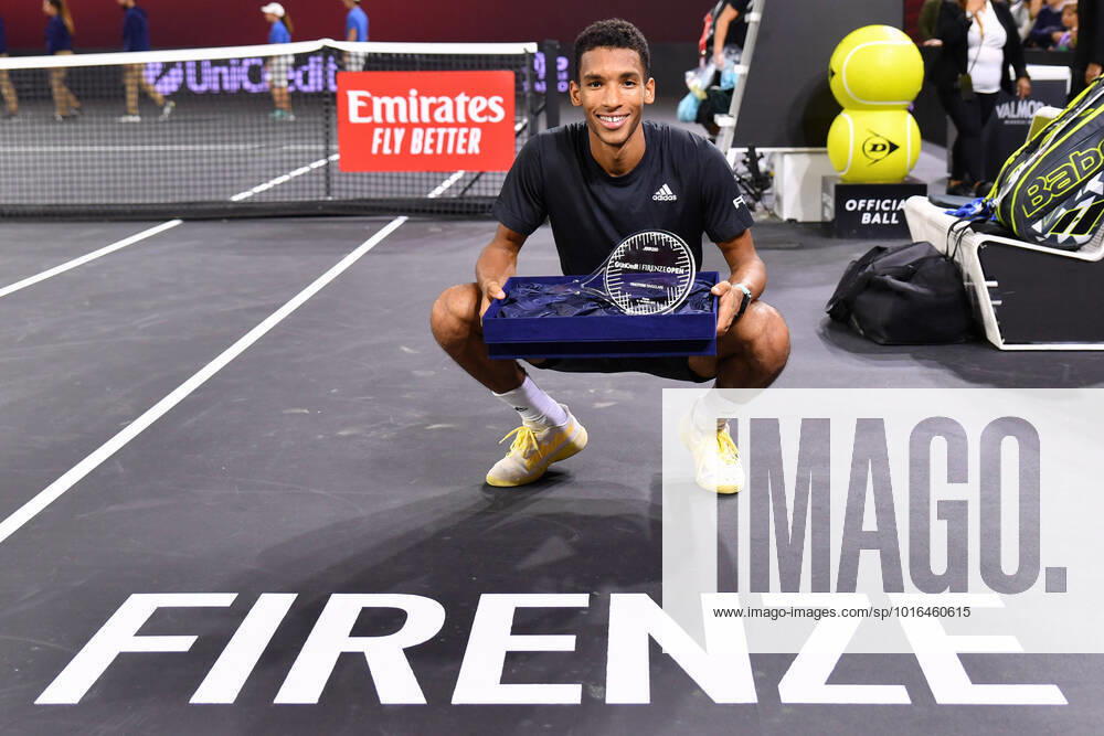 KW41 Felix Auger-Aliassime of Canada poses with the trophy during UniCredit Firenze Open - Final - Felix Auger-Aliassime vs J.J. Wolf, Tennis Internationals in Florence, Italy, October 16 2022