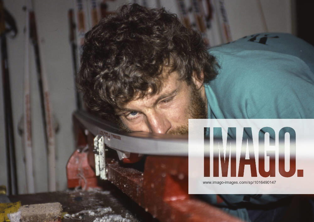 OBERSTDORF 1987 02 15 Swedish cross-country skiers Thomas Wassberg checks the ridge structure on the skis in the ridge shed at the World Championships in cross-country skiing in Oberstdorf, West Germany, 15 February 1987. Wassberg won medals in all distances, gold in the 30 km classic and in the mens relay, and silver in the 15 km classic and 50 km freestyle Oberstdorf Germany