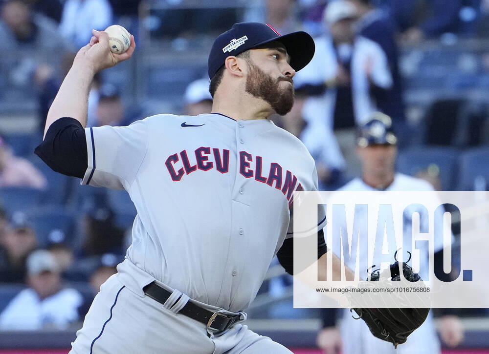 Cleveland Guardians starting pitcher Aaron Civale throws in the first inning against the New York Yankees in game five of their American League Division Series at Yankee Stadium in New York City on Tuesday, October 18, 2022. NYP20221018756 RAYxSTUBBLEBINE