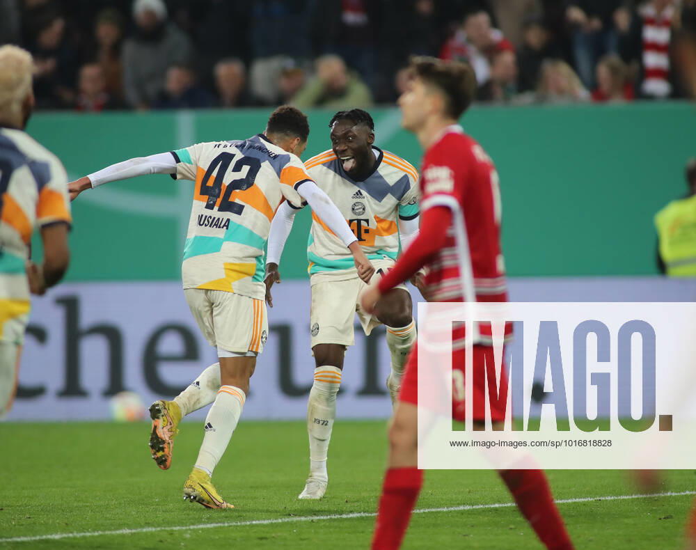 Augsburg, Germany 19 October 2022 Football, Men, Season 2022 2023, FC Augsburg FC Bayern Munich, DFB Pokal, 2 Round, WWK Arena 2 4 by Jamal Musiala FC Bayern Munich li here cheering with Alphonso Davies FC Bayern Munich re DFB regulations prohibit any use of photographs as image sequences and or quasi video