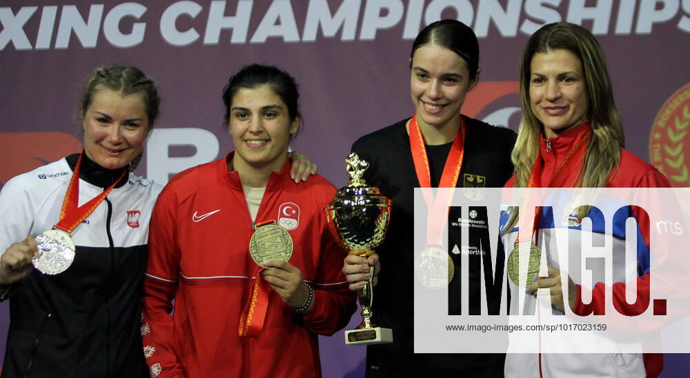 Budva(Montenegro) European Women s Boxing Championship welterweight (W66kg) medal ceremony Aneta Rygielska(L) Poland silver,Busenaz Surmeneli(2L) Turkey bronze,Stefanie Von Berge(3L) Germany gold medal ,Jelena Janicijevic(R) Serbia bronze medal :