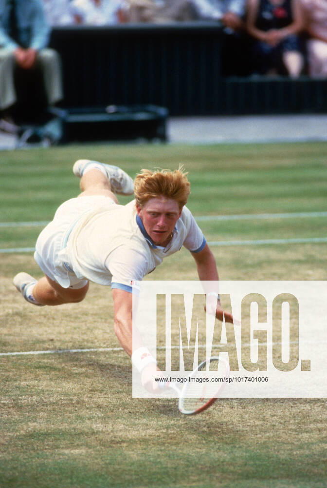 Boris Becker lunges for volley on Centre Court on his way to winning the 1985 Wimbledon Championships. Boris Becker lunges for volley on Centre Court on his way to winning the 1985 Wimbledon Championships. London England