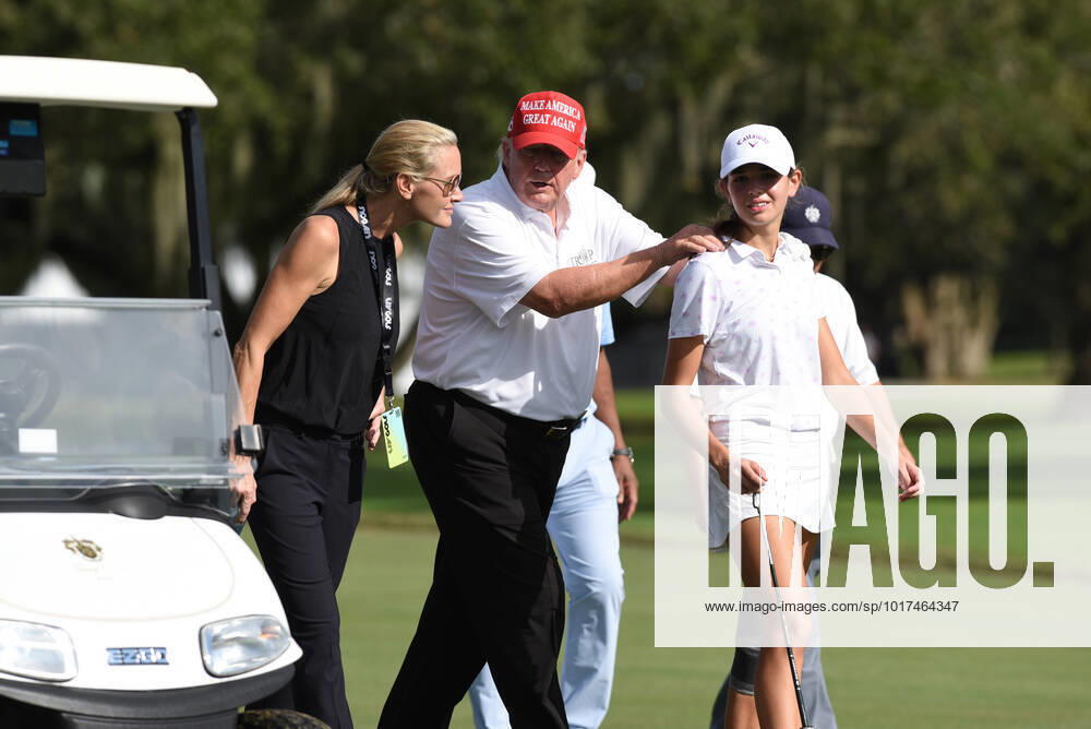 DORAL, FL - OCTOBER 27: Former President Donald Trump, center walks with his niece Kai Trump and her mom Vanessa Trump during the ProAm ahead of the LIV Golf Team Championship, on October. 27, 2022, at Trump National Doral Golf Club in Doral, FL. (Photo by Michele Eve Sandberg Icon Sportswire) GOLF: OCT 27 LIV Golf Invitational Series Miami Icon221027006