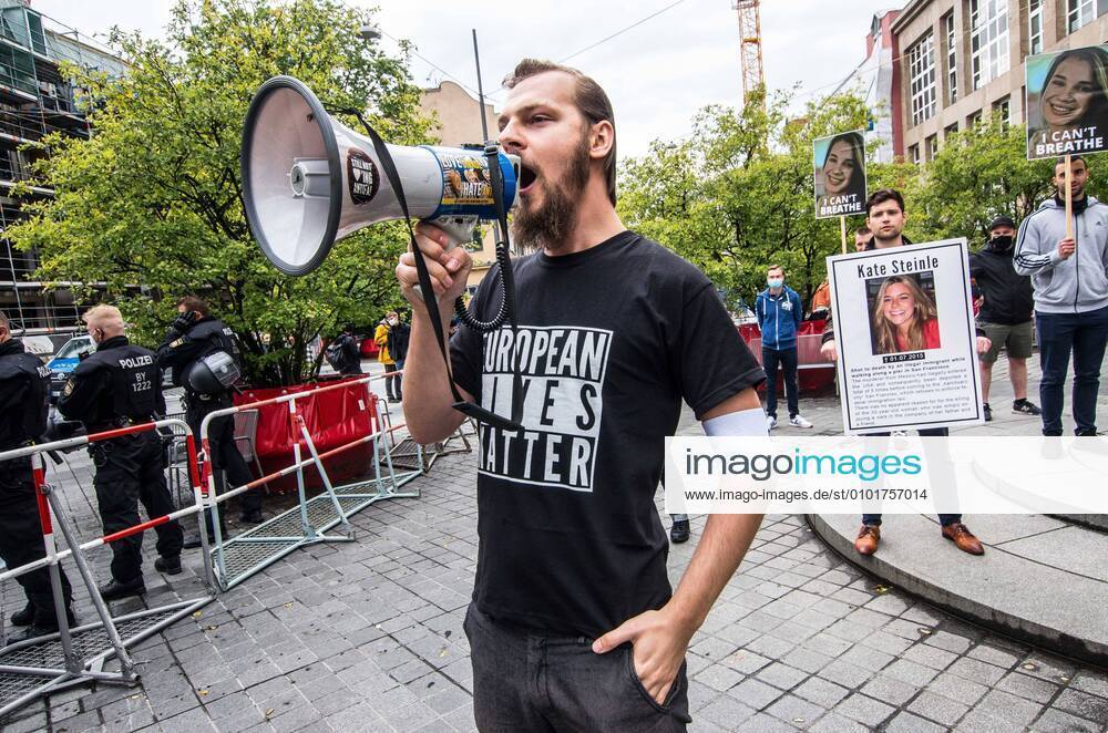 Philipp Mosig of the Identitaere Bewegung in Munich wearing a European Lives Matter shirt to signal opposition to Black Lives Matter. The right-extremist Identitaere Bewegung Augsburg Schwaben(Generation Identity, Identitaeren Movement) held a rally at Munichâ€⠢s Pasinger Marienplatz. Munich Germany - ZUMAb160 20200620_zbp_b160_034