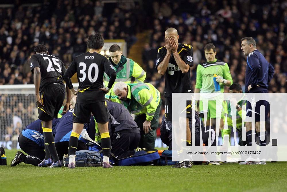 Bolton Fabrice Muamba collapses on the pitch as medics try to resuscitate him Tottenham v Bolton, FA Cup Quarter Final sponsored by Budweiser, at White Hart Lane, London. 17th March 2012 .