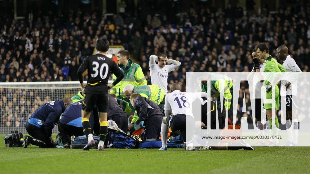 Bolton Fabrice Muamba collapses on the pitch as medics try to resuscitate him Tottenham v Bolton, FA Cup Quarter Final sponsored by Budweiser, at White Hart Lane, London. 17th March 2012 .