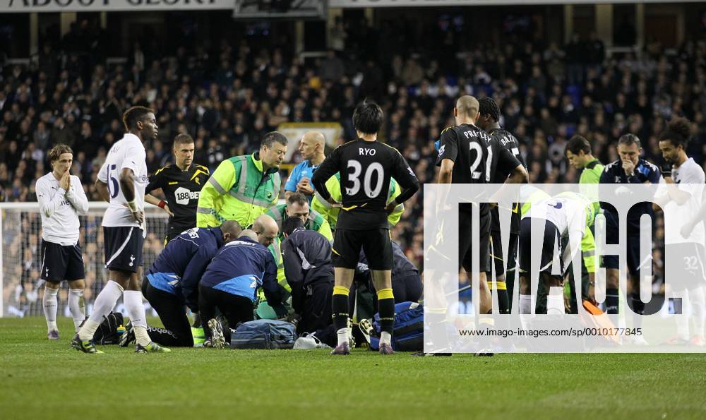 Bolton Fabrice Muamba collapses on the pitch as medics try to resuscitate him - Tottenham Hotspur vs. Bolton Wanderers - FA Cup QuarterFinal at White Hart Lane, London. 17th March 2012 .