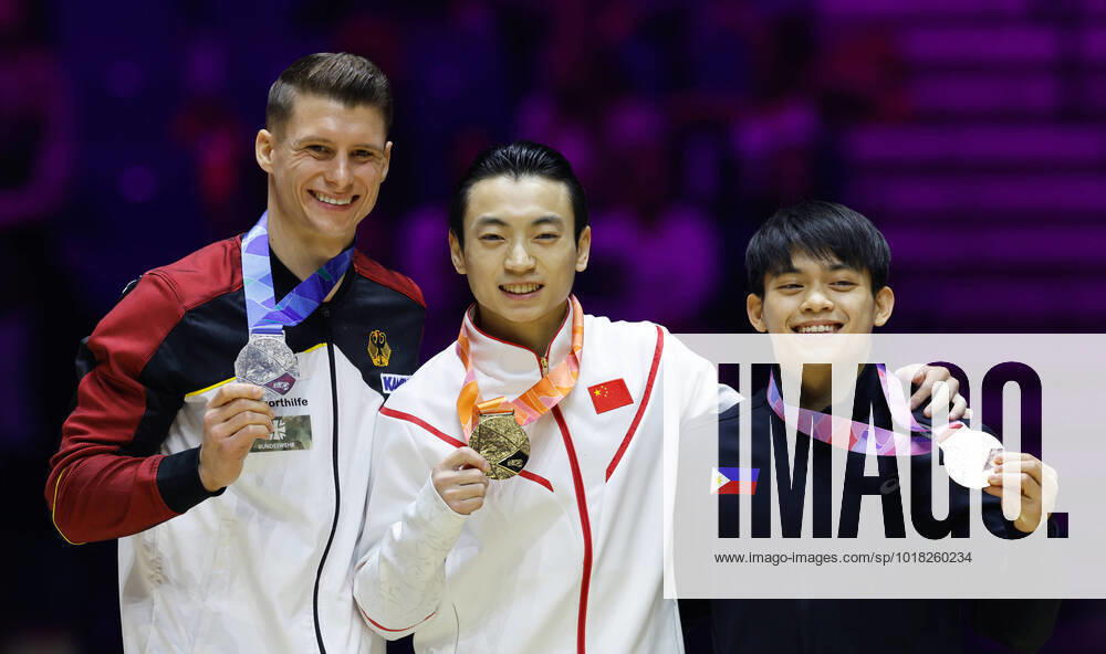 KW44 6th November 2022, M&amp;S Bank Arena, Liverpool, England; 2022 World Artistic Gymnastics Championships Finals; Men s Apparatus Final Parallel Bars - gold medallist - Jingyuan Zou (CHN) (centre), silver medallist - Lukas Dauser (GER) (left), bronze medallist - Carlos Edriel Yulo (PHI) (right) ActionPlus12446396 RogerxEvans