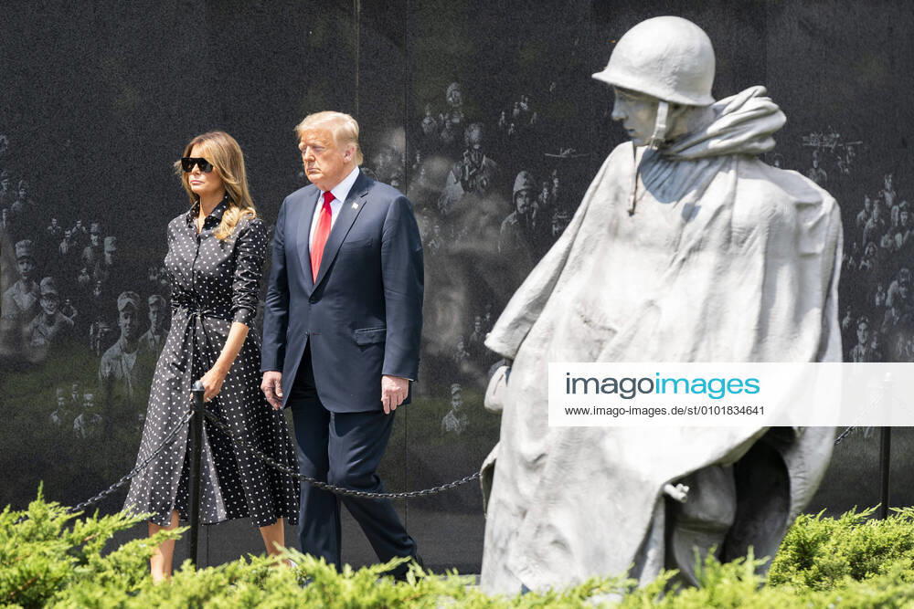 President Donald Trump and First Lady Melania Trump tour the Korean War Veterans Memorial in Washington, DC, on Thursday, June 25, 2020. President Trump visited the Memorial to commemorate the 70th anniversary of the Korean War. WAX20200625514 JIMxLOxSCALZO