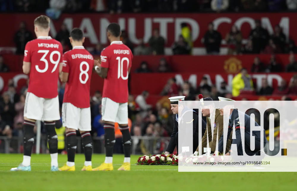 KW45 Manchester, England, 10th November 2022. The three Armed forces are represented as wreaths laid on the centre circle to mark Remembrance Day before during the Carabao Cup match at Old Trafford, Manchester. Picture credit should read: Andrew Yates Sportimage . SPI-2034-0020