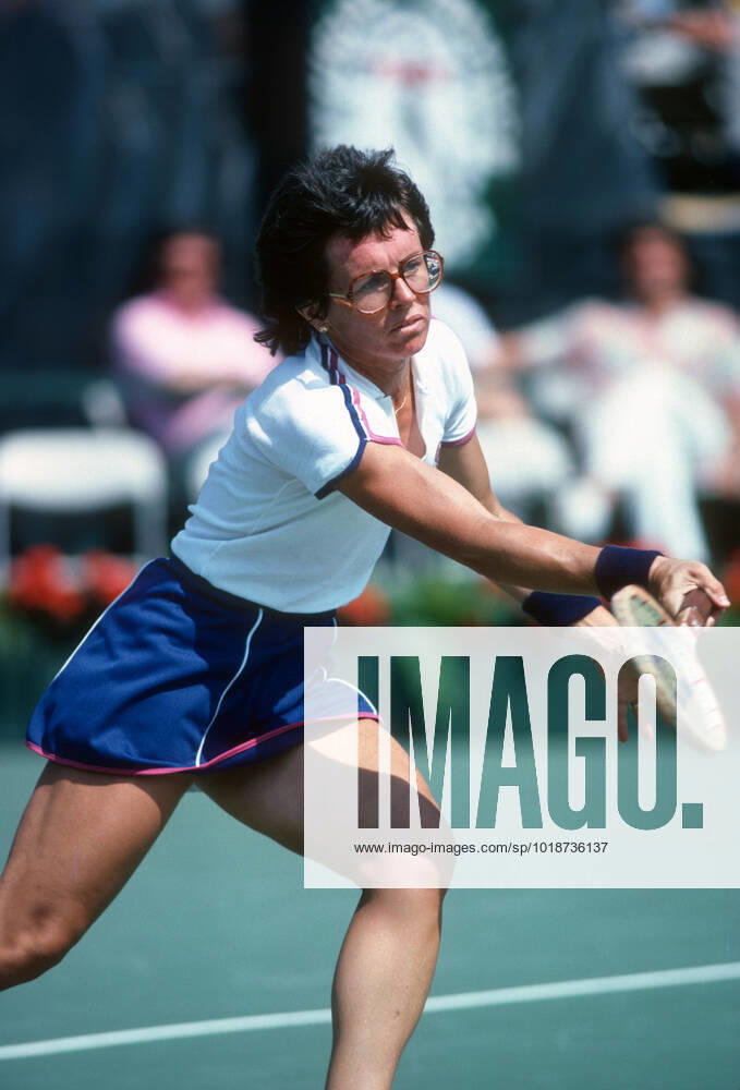 Billie Jean King hitting a forehand approach shot during match at Louis Armstrong Stadium in Flushing Meadows at the 1979 U.S. Open. Billie Jean King competing at the US Open at FlushingMeadows in 1979.
