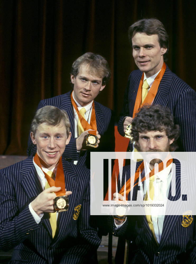 ARCHIVE 1984 02 16 Swedish relay champions Jan Ottosson, Benny Kohlberg, Gunde Svan and Thomas Wassberg show off their gold medals after the medal ceremony following their victory in the mens cross-country skiing relay at the Olympic Winter Games in Sarajevo, Yugoslavia 16th February 1984 Sarajevo Bosnia Herzegovina