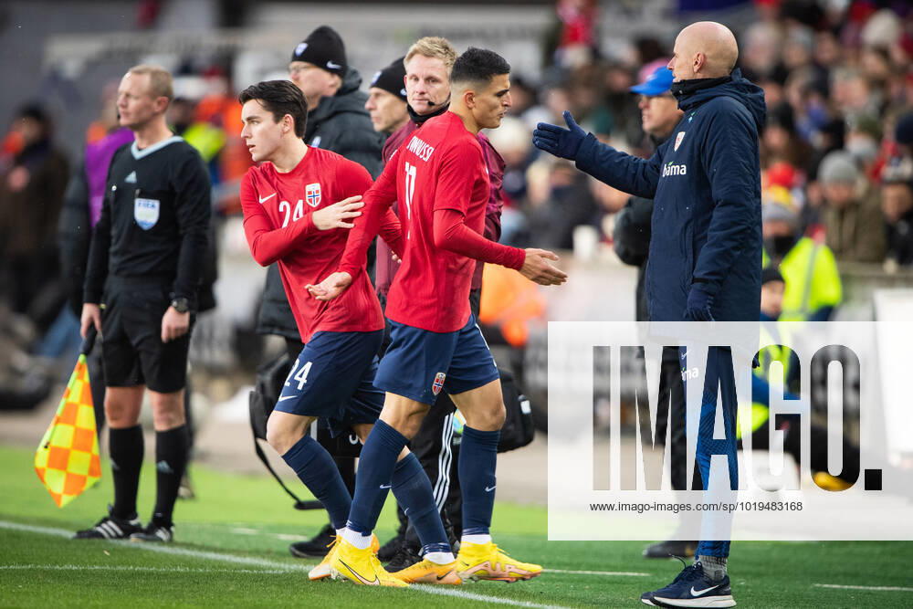 Norway v Finland, football friendly, Oslo, Norway Oslo, Norway. 20th, November 2022. Hugo Vetlesen (24) of Norway replaces Mohamed Elyounoussi (11) during the football friendly match between Norway and Finland at Ullevaal Stadion in Oslo. Oslo Norway