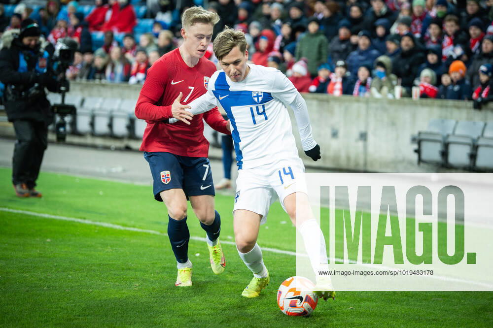 Norway v Finland, football friendly, Oslo, Norway Oslo, Norway. 20th, November 2022. Lucas Lingman (14) of Finland and Ola Brynhildsen (7) of Norway seen during the football friendly match between Norway and Finland at Ullevaal Stadion in Oslo. Oslo Norway