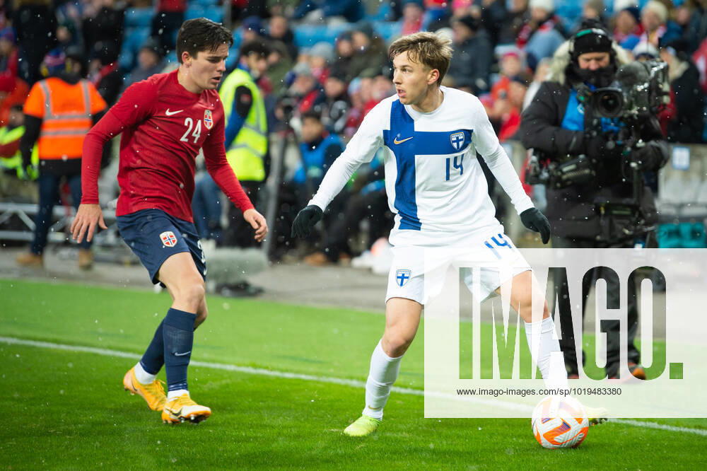 Norway v Finland, football friendly, Oslo, Norway Oslo, Norway. 20th, November 2022. Lucas Lingman (14) of Finland and Hugo Vetlesen (24) of Norway seen during the football friendly match between Norway and Finland at Ullevaal Stadion in Oslo. Oslo Norway