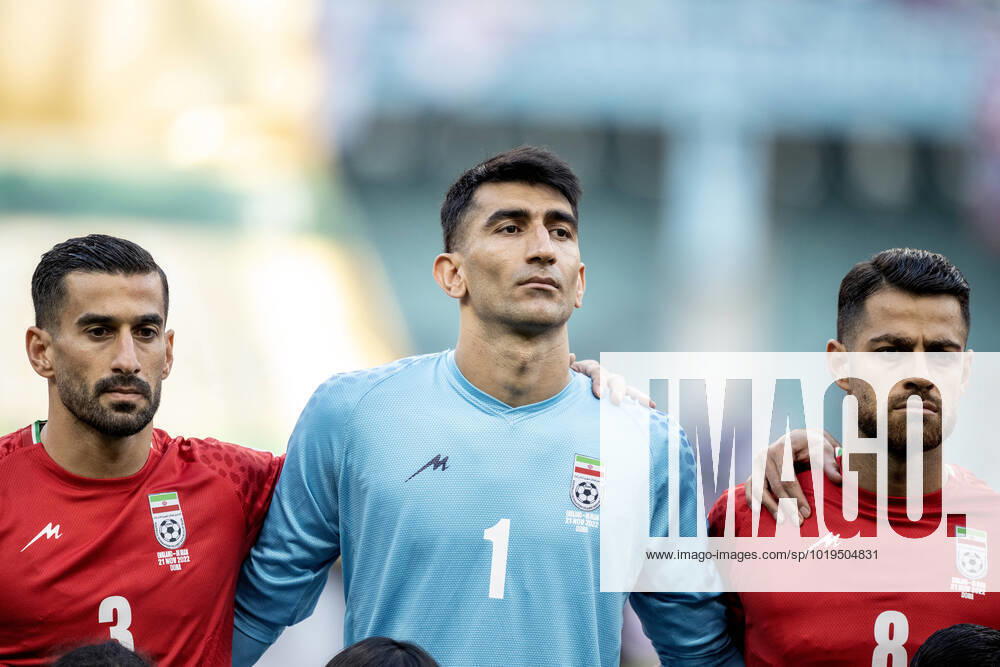 Iran players Ehsan Hajsafi, Alireza Beiranvand and Morteza Pouraliganji donâ„¢t sing the national anthem before the FIFA World Cup, WM, Weltmeisterschaft, Fussball Qatar 2022 Group B match between England and IR Iran at Khalifa International Stadium on November 21, 2022 in Doha, Qatar. (Photo by Sebastian Frej) WCS