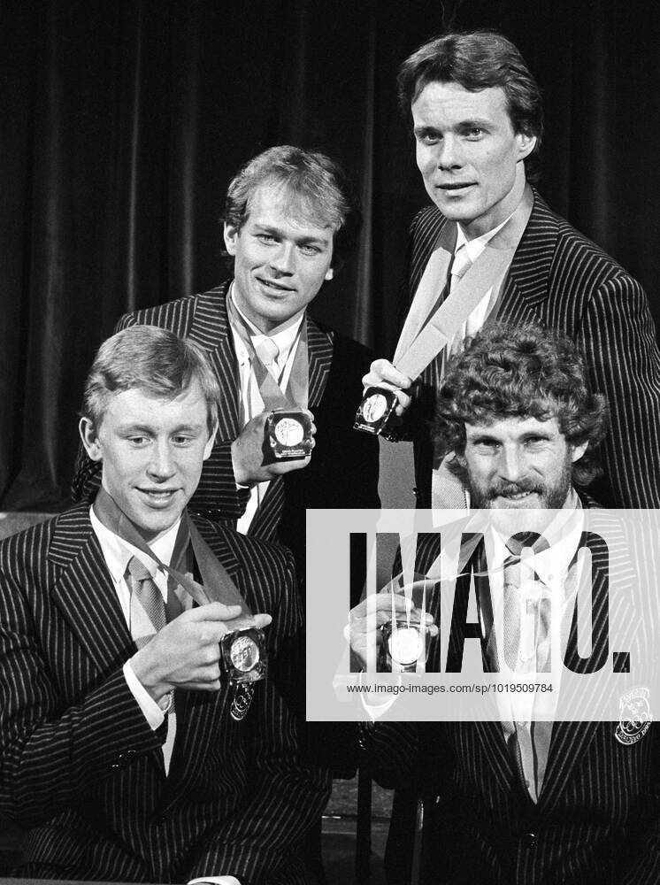 ARCHIVE 1984 02 16 Swedish relay champions Jan Ottosson, Benny Kohlberg, Gunde Svan and Thomas Wassberg show off their gold medals after the medal ceremony following their victory in the mens cross-country skiing relay at the Olympic Winter Games in Sarajevo, Yugoslavia 16th February 1984 Sarajevo Bosnia Herzegovina