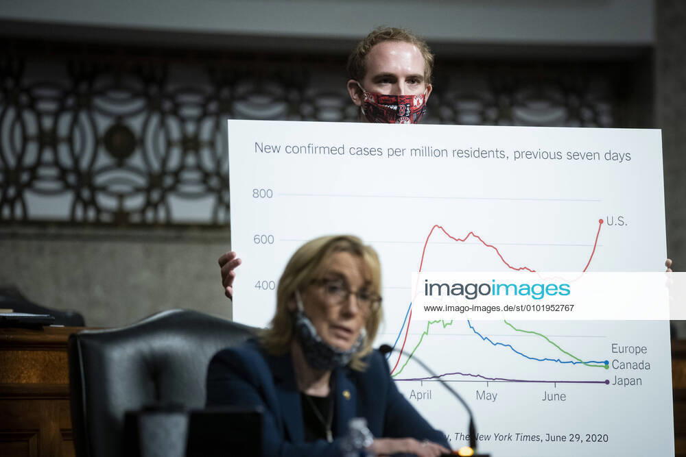 An aide holds a chart as Senator United States Senator Maggie Hassan (Democrat of New Hampshire), speaks during a US Senate Health, Education, Labor and Pensions Committee hearing in Washington, D.C., U.S., on Tuesday, June 30, 2020. Top federal health officials are expected to discuss efforts to get back to work and school during the coronavirus pandemic. Photographer: Bloomberg.Credit: Pool via CNP Washington USA - ZUMAs152 20200630_zaa_s152_181