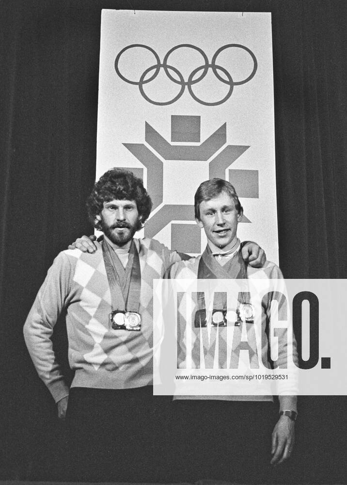 ARCHIVE 1984 02 19 Swedish cross-country skiers Thomas Wassberg and Gunde Svan pose with their Olympic medals around their necks, awarded for their performance in cross-country skiing pairs at the Olympic Winter Games in Sarajevo, Yugoslavia 19 th February 1984 Sarajevo Bosnia Hercegovina
