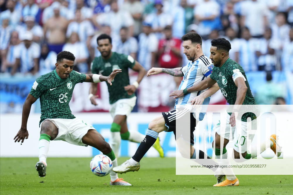 Argentina v Saudi Arabia: Group C - FIFA World Cup, WM, Weltmeisterschaft, Fussball Qatar 2022 Lionel Messi Right Winger of Argentina and Paris Saint-Germain and Salem Al-Dawsari Left Winger of Saudi Arabia and Al-Hilal Saudi FC compete for the ball during the FIFA World Cup Qatar 2022 Group C match between Argentina and Saudi Arabia at Lusail Stadium on November 22, 2022 in Lusail City, Qatar. Lusail City Qatar