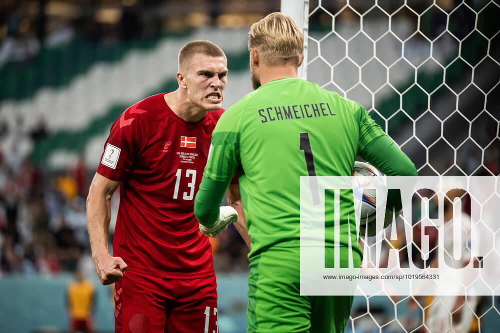 Rasmus Kristensen and goalkeeper Kasper Schmeichel of Denmark during the FIFA World Cup 2022 football match between Denmark and Tunisia on November 22, 2022 in Doha Photo Joel Marklund BILDBYRAN code JM JM0382 bbeng football football soccer fotball world cup football world cup football world cup 2022 fifa world cup 2022 denmark denmark tunisia tunisia,