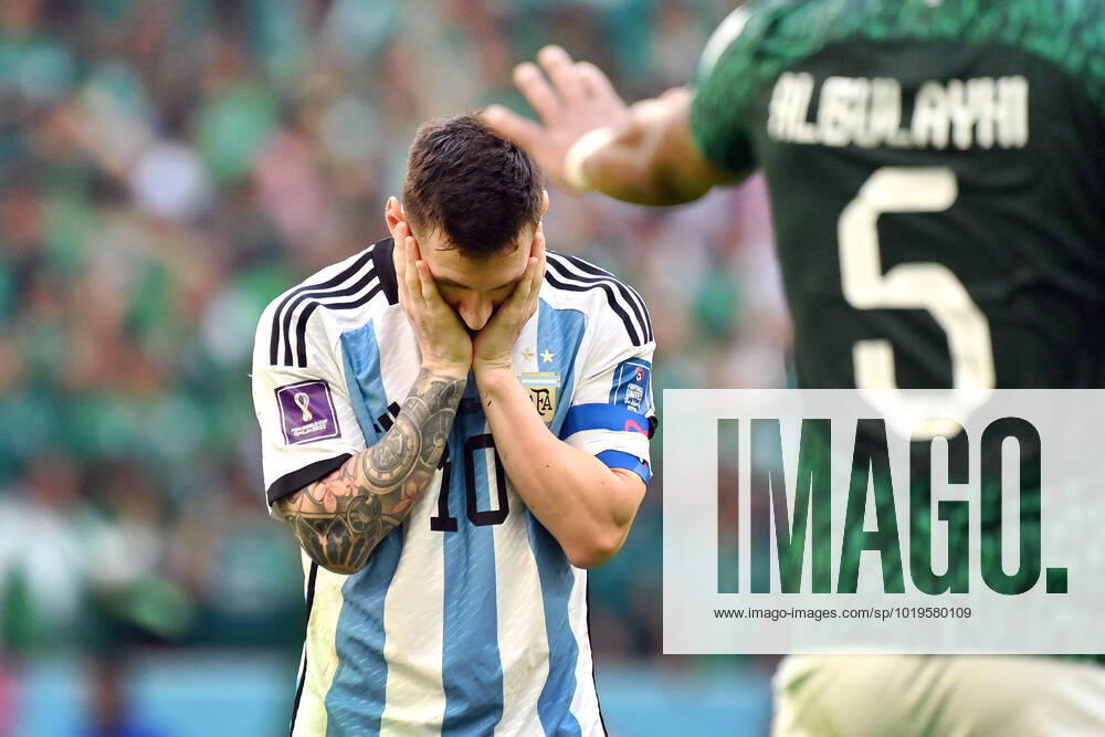 Lionel MESSI ARG , Disappointment,Frustration,Disappointed,Frustrated,Dejected,Action,Single image,Cropped single image,Half figure,Half figure Match 8,Group C Argentina ARG Saudi Arabia KSA 1 2 on 22 11 2022, Lussail Stadium Football World Cup 20122 in Qatar from 20 11 18 12 2022