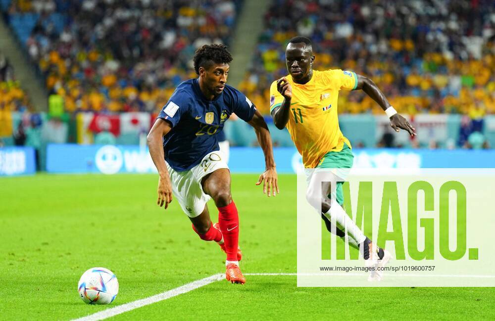 Mandatory Credit: Photo by Javier Garcia Shutterstock (13626445dj) Kingsley Coman of France and Awer Mabil of Australia France v Australia, FIFA World Cup, WM, Weltmeisterschaft, Fussball 2022, Group D, Football, Al Janoub Stadium, Al Wakrah, Qatar - 22 Nov 2022 Editorial Use Only France v Australia, FIFA World Cup 2022, Group D, Football, Al Janoub Stadium, Al Wakrah, Qatar - 22 Nov 2022 Editorial Use Only