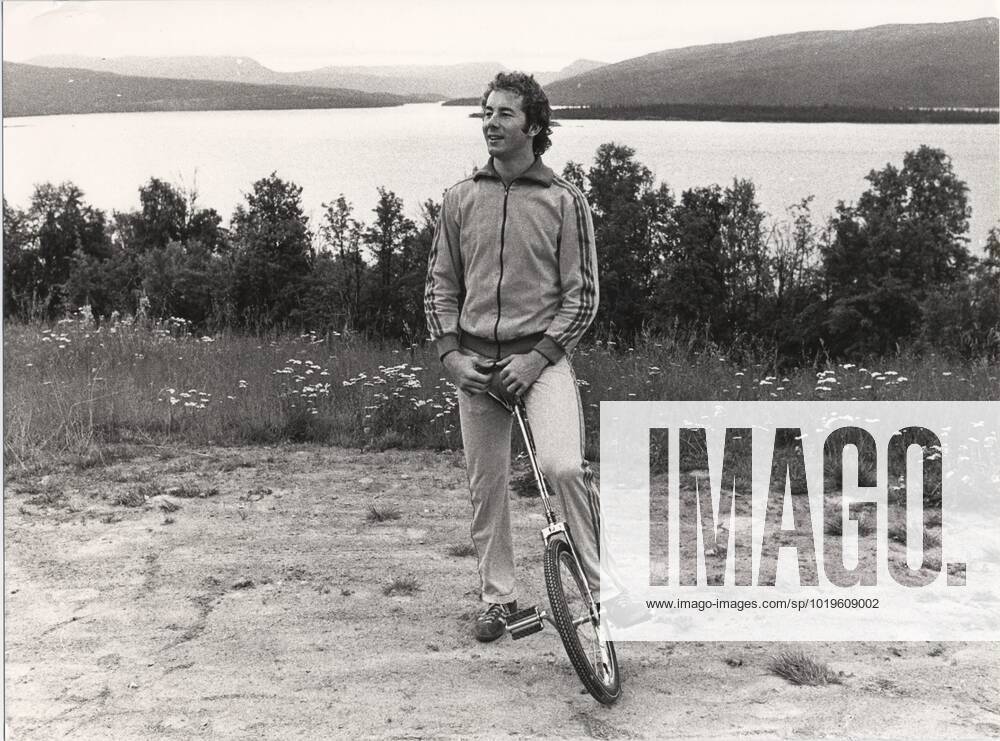 TÄRNABY 1976 08 09 Swedish alpine ski racer Ingemar Stenmark practising his balance on a one-wheeled bike at home in Tärnaby 9th August 1976 TÄRNABY SWEDEN