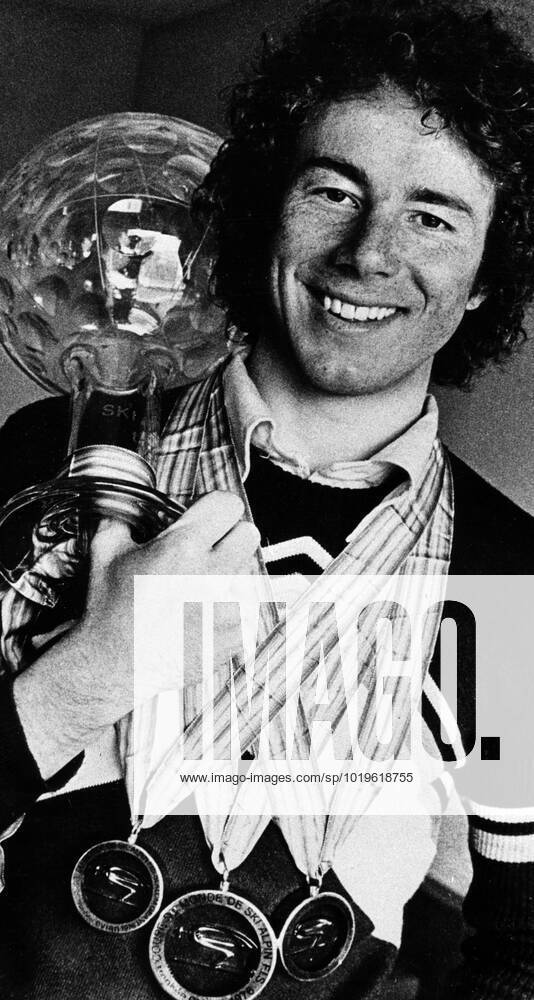 SVD OUT 19760402 Ingemar Stenmark shows off his prizes from this years World Cup STOCKHOLM SWEDEN