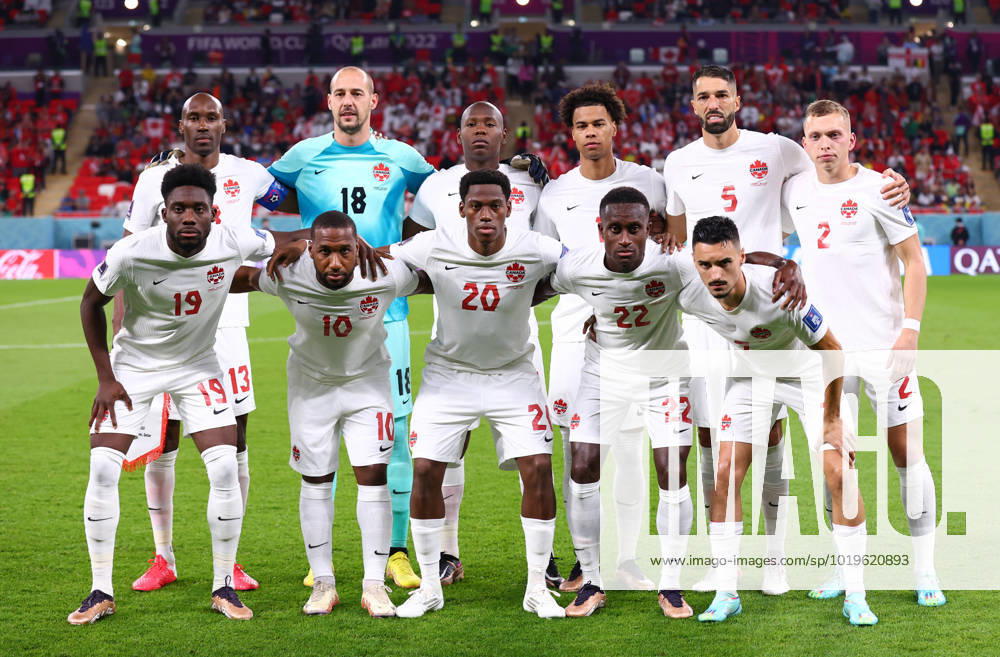Al Rayyan, Qatar, 23rd November 2022. Back row from left: Atiba Hutchinson, Milan Borjan, Kamal Miller, Tajon Buchanan, Steven Vitoria, Alistair Johnston. Front row from left: Alphonso Davies, Junior Hoilett, Jonathan David, Richie Laryea and Stephen Eustaquio of Canada during the FIFA World Cup, WM, Weltmeisterschaft, Fussball 2022 match at Ahmad bin Ali Stadium, Al Rayyan. Picture credit should read: David Klein Sportimage . SPI-2059-0005