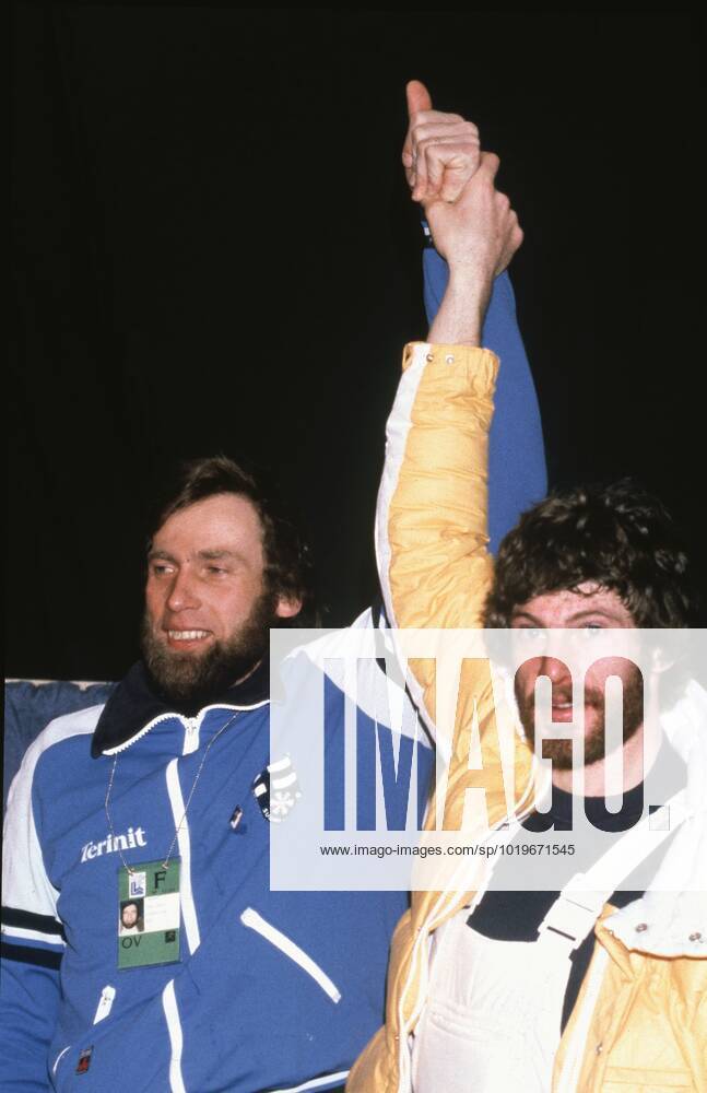 Winter Olympics Lake Placid 1980 Juha Mieto tv , Finland, raises Thomas Wassbergs arm after Wassberg won the 15 km gold medal by a hundredth of a second ahead of Mieto LAKE PLACID UNITED STATES PB KOD 200