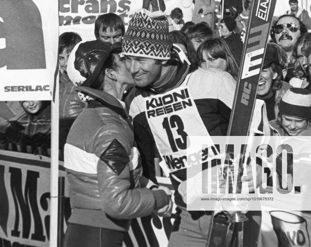 Crans Montana 1979 01 15 Ingemar Stenmark gets a little comfort kiss from a hostess Crans Montana Switzerland x8x