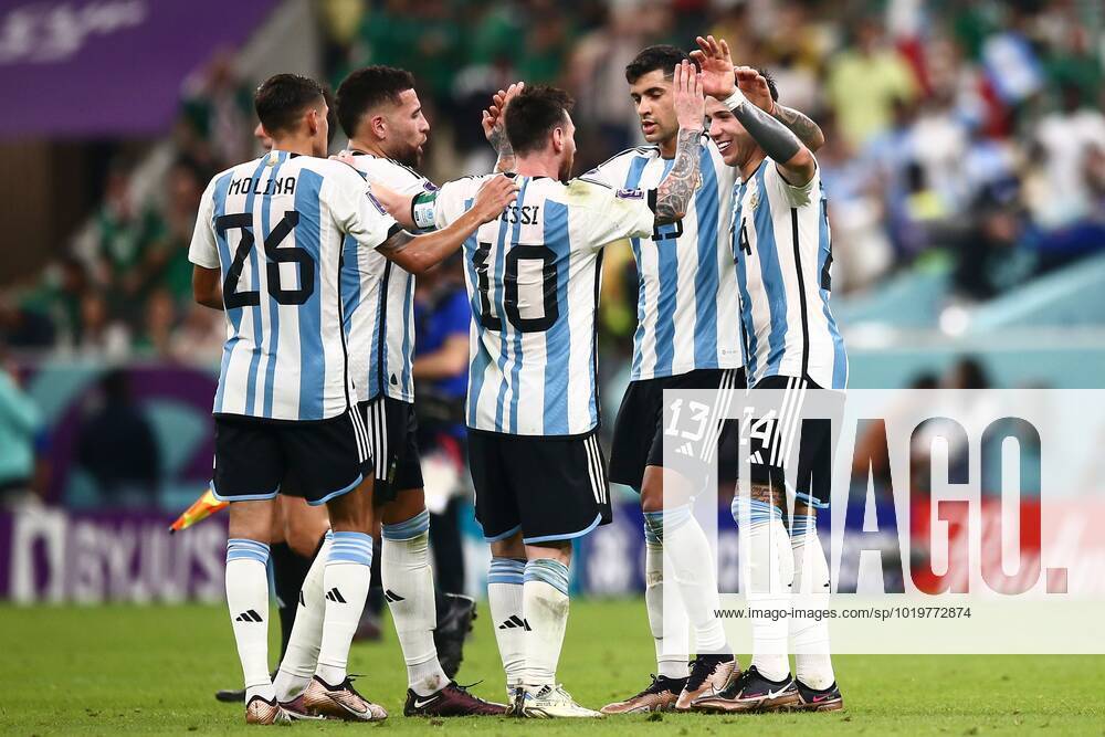Mandatory Credit: Photo by Michael Zemanek Shutterstock (13634795cq) Lionel Messi of Argentina celebrates with team mates at full time Argentina v Mexico, FIFA World Cup, WM, Weltmeisterschaft, Fussball 2022, Group C, Football, Lusail Stadium, Al Daayen, Qatar - 26 Nov 2022 Editorial Use Only Argentina v Mexico, FIFA World Cup 2022, Group C, Football, Lusail Stadium, Al Daayen, Qatar - 26 Nov 2022 Editorial Use Only