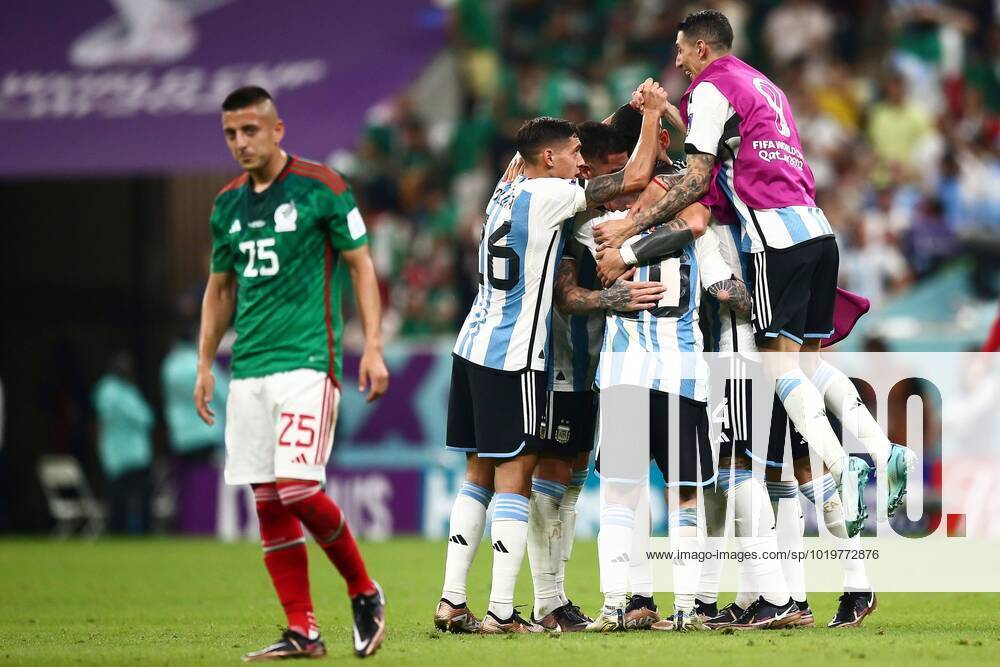 Mandatory Credit: Photo by Michael Zemanek Shutterstock (13634795cm) Lionel Messi of Argentina celebrates with team mates at full time Argentina v Mexico, FIFA World Cup, WM, Weltmeisterschaft, Fussball 2022, Group C, Football, Lusail Stadium, Al Daayen, Qatar - 26 Nov 2022 Editorial Use Only Argentina v Mexico, FIFA World Cup 2022, Group C, Football, Lusail Stadium, Al Daayen, Qatar - 26 Nov 2022 Editorial Use Only