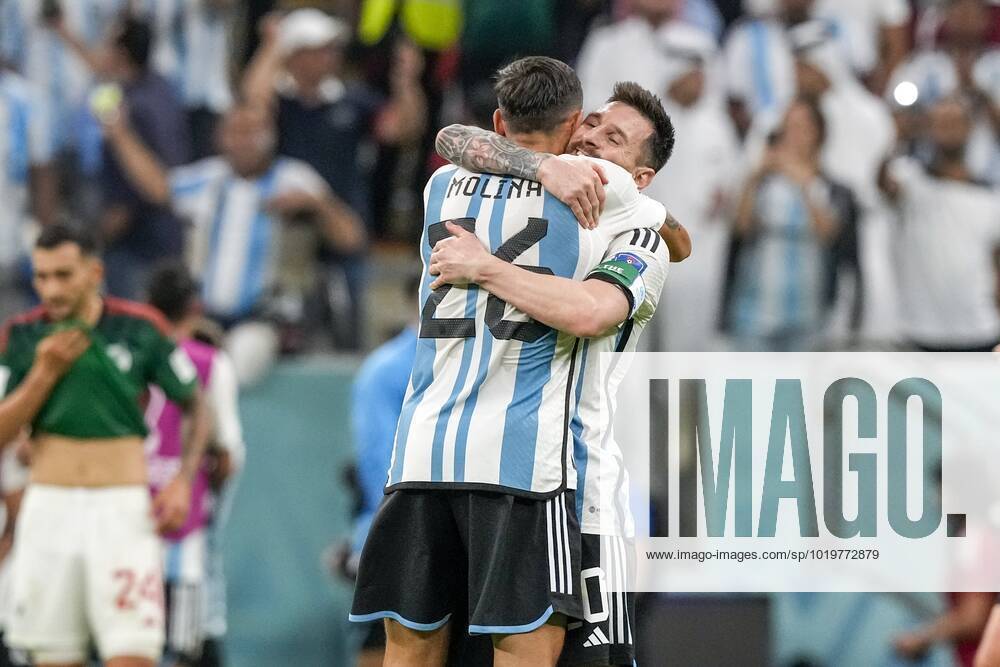 Lusail Stadium World Cup 2022 in Qatar game between Argentina vs Mexico , (L-R) Argentina player Nahuel Molina and Argentina player Lionel Messi celebrating the win Argentina - Mexico x19367153x