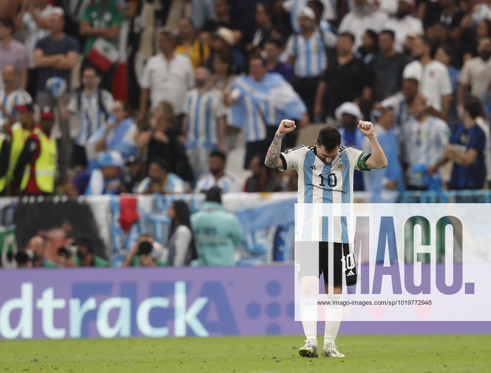 Argentina v Mexico 2022 FIFA World Cup, WM, Weltmeisterschaft, Fussball Lionel Messi of Argentina celebrates at full time during the 2022 FIFA World Cup Group C match at Lusail Stadium, Lusail Content Not Available For UK Newspapers
