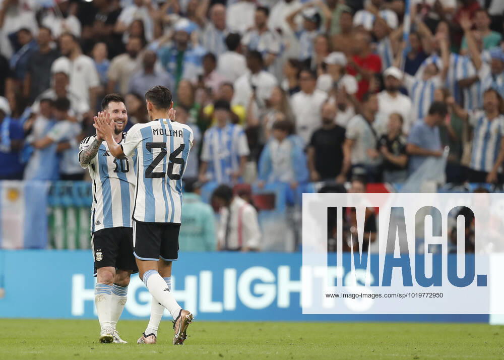 Argentina v Mexico 2022 FIFA World Cup, WM, Weltmeisterschaft, Fussball Lionel Messi and Nahuel Molina of Argentina of Argentina celebrate at full time during the 2022 FIFA World Cup Group C match at Lusail Stadium, Lusail Content Not Available For UK Newspapers